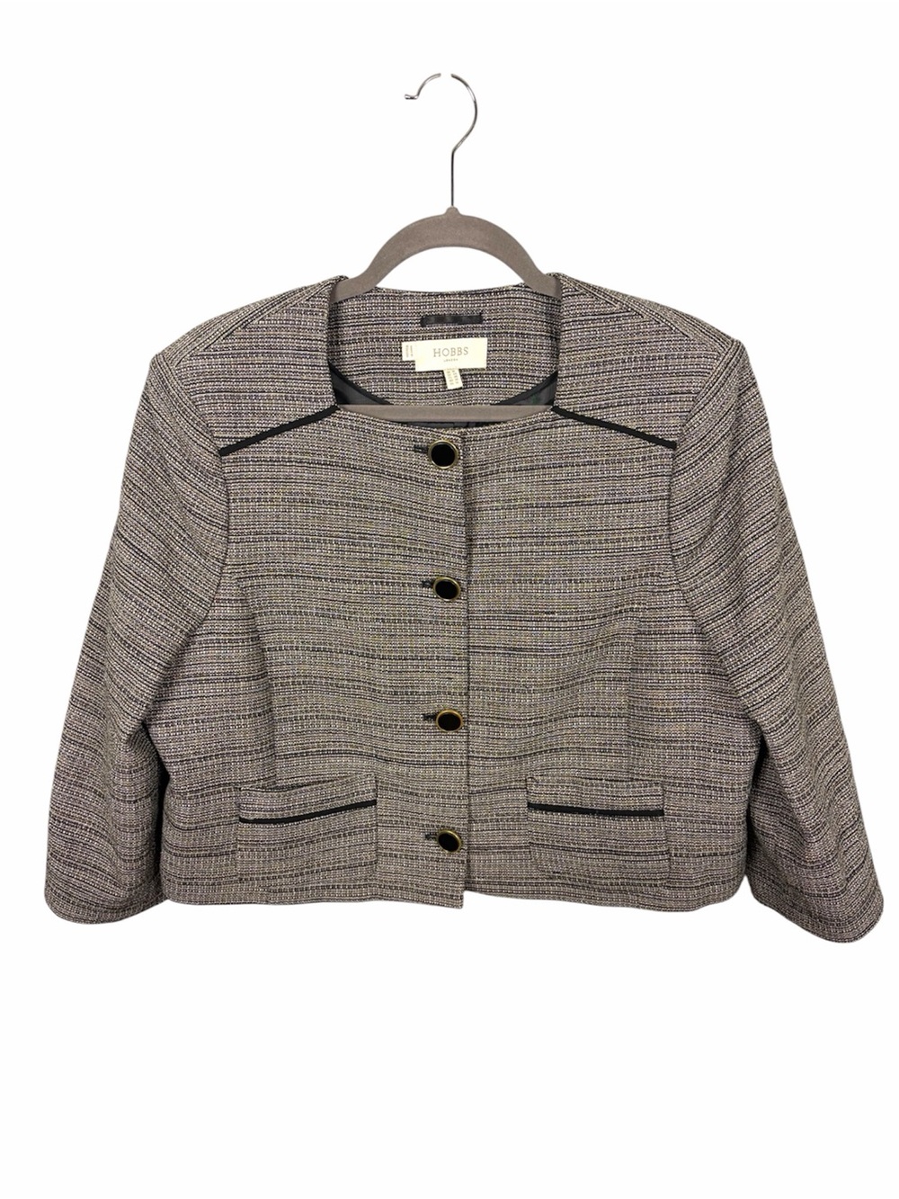 Hobbs London Tweed Cropped Jacket Blazer US 14 3/4 Sleeve Black Gold